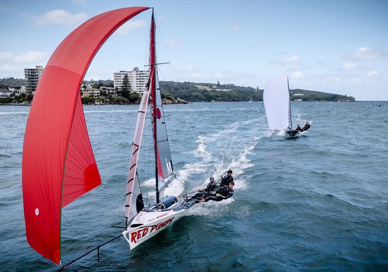 Red Pumps Red - Zoe Dransfield, Hugh Stodart, Jamie Stodart photo copyright Sail Media taken at Manly 16ft Skiff Sailing Club and featuring the 16ft Skiff class