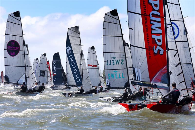 NSW 16ft Skiff Titles Port Hunter - Tight start to Race 1 photo copyright Promocean Media taken at Port Hunter 16ft Sailing Club and featuring the 16ft Skiff class