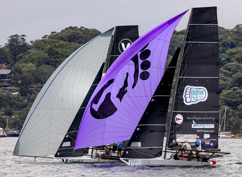 Big Foot and Vaikobi on a spinnaker run during the 18ft Skiff Queen of the Harbour 2024 - photo © SailMedia