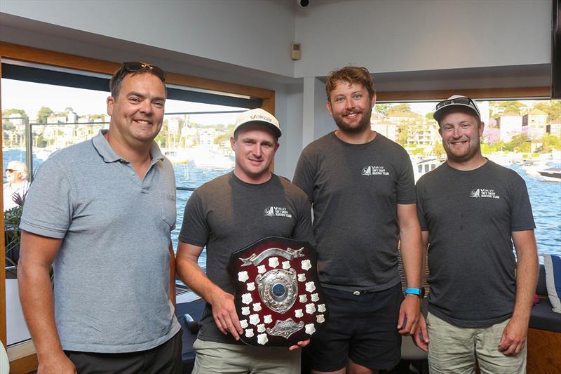 Vaikobi crew from left, Kirk Mitchell, Andrew Stephenson and Daniel Barnett with race sponsor Darren McKavanagh and the Mick Scully Memorial Trophy - Sixt Spring Championship 2024 - photo © Jason Mc Cormack 18 Footers