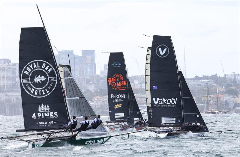 The Oak Double Bay-4 Pines, with her reefed mainsail, at the start of last Sunday's race - Sixt Spring Championship photo copyright SailMedia taken at Australian 18 Footers League and featuring the 18ft Skiff class