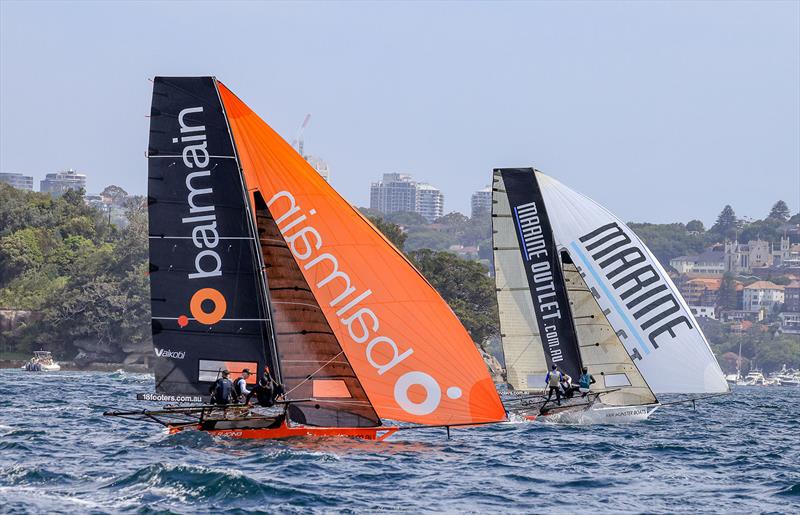 18ft Skiff Sixt Spring Championship Race 6 - Balmain chasing the leader Marine Outlet down the middle spinnaker run - photo © SailMedia