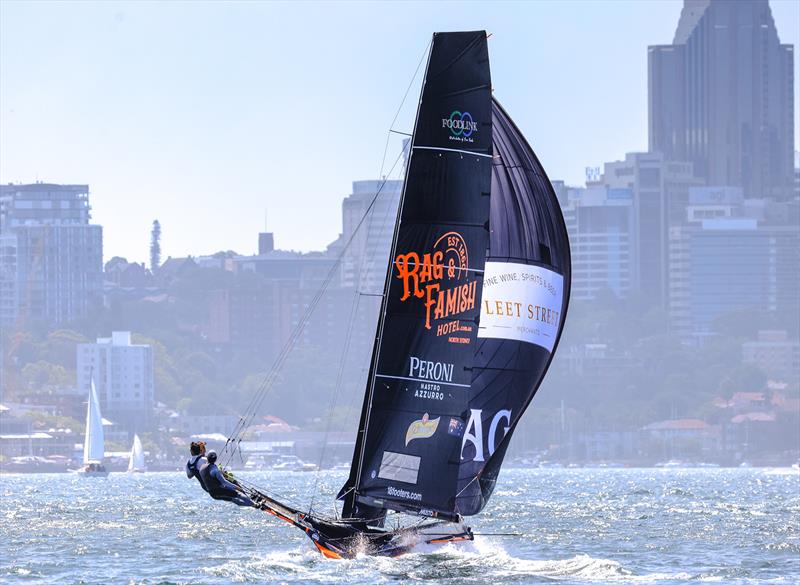 Rag and Famish Hotel heads for victory in Race 5 - 18ft Skiff NSW Championship 2024 photo copyright SailMedia taken at Australian 18 Footers League and featuring the 18ft Skiff class