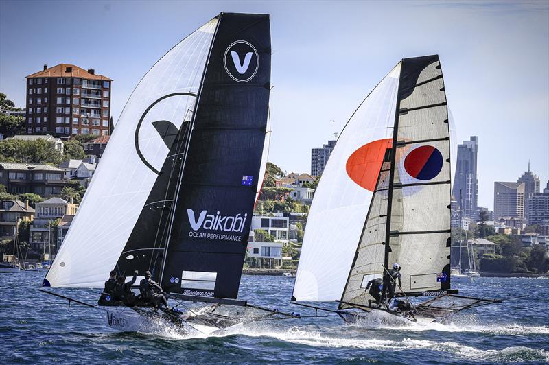 Battle for the lead - 18ft Skiff Season Point Score race 17 photo copyright SailMedia taken at Australian 18 Footers League and featuring the 18ft Skiff class