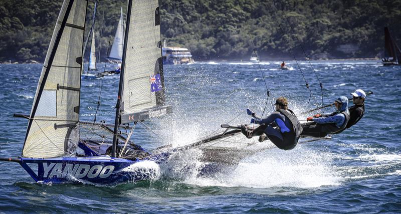 Yandoo crew work hard - 18ft Skiff Season Point Score race 17 photo copyright SailMedia taken at Australian 18 Footers League and featuring the 18ft Skiff class