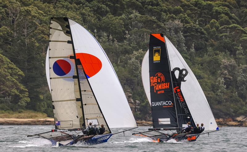 18ft Skiff NSW Championship Day 2 - Rag and Famish Hotel leads Yandoo downwind - photo © SailMedia