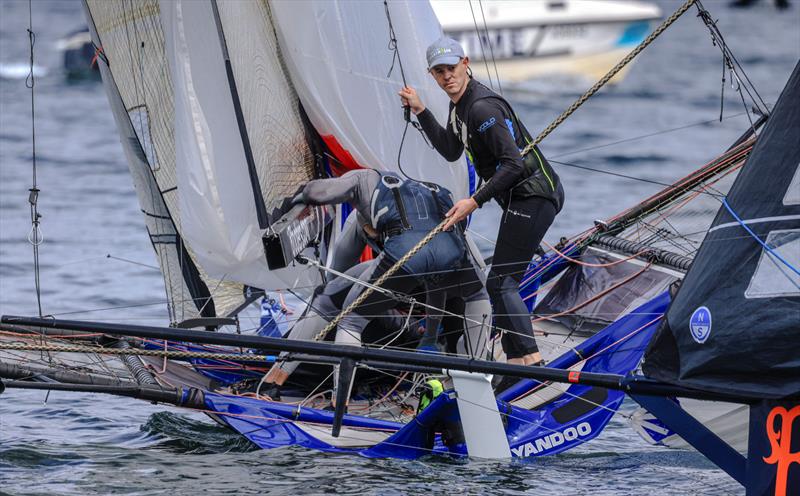 18ft Skiff Season Point Score Race 19 - John Winning Jr keeps an eye on the challenging Rag and Famish - photo © SailMedia