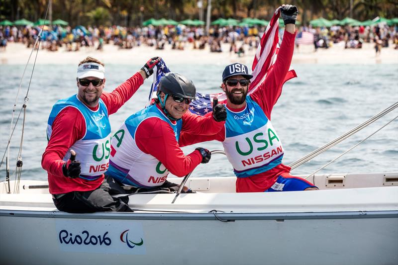 Rick Doerr (Clifton, N.J., left), Hugh Freund (South Freeport, Maine, center) and Brad Kendell (Tampa, Fla., right) secure silver at Rio 2016 photo copyright Richard Langdon / World Sailing taken at Iate Clube do Rio de Janeiro and featuring the Sonar class