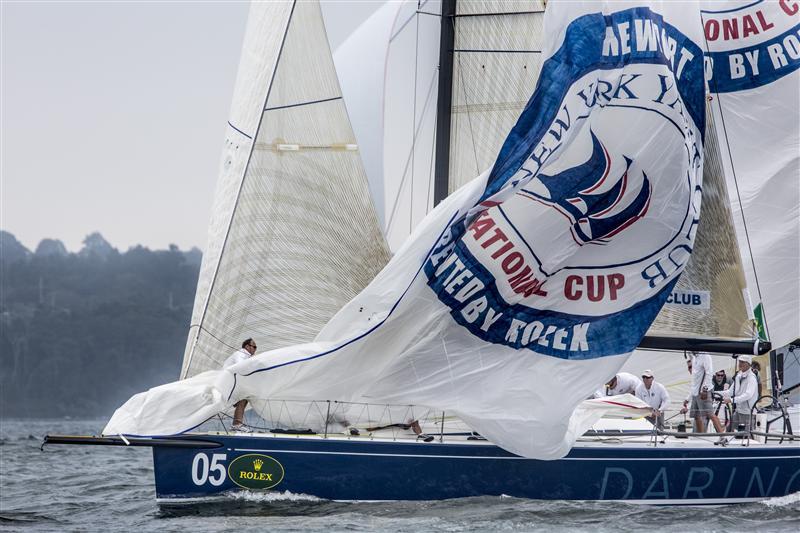 The crew of the Royal Canadian YC (CAN) dropping the spinnaker on day 3 of the New York Yacht Club Invitational Cup presented by Rolex photo copyright Daniel Forster / Rolex taken at New York Yacht Club and featuring the Swan 42 class