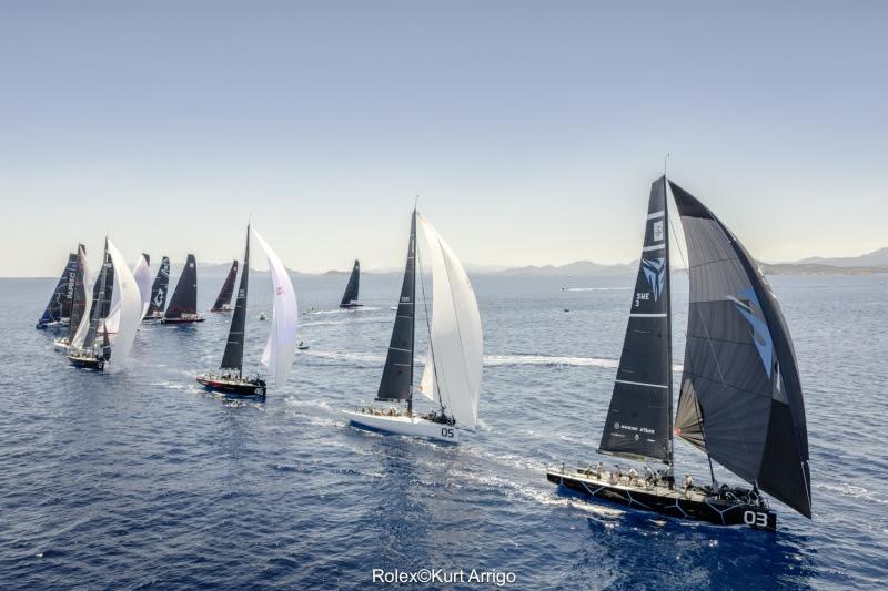 Trinity Racing (bow number 03) leading the fleet in the final race of the day, Rolex TP52 World Championship - photo © Nico Martinez / 52 Super Series