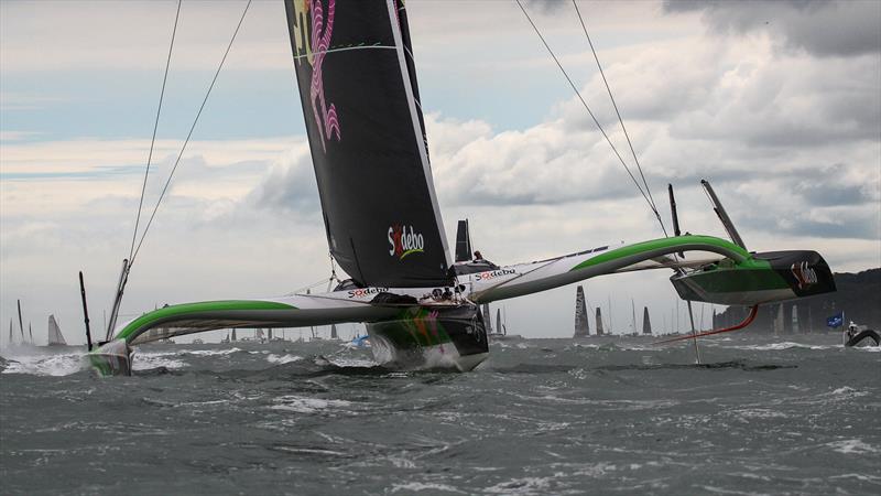 Sodebo - 105 x 75ft of foiling multihull - Ultim -  Start -  Rolex Fastnet Race start -  Cowes - July 26, 2025 photo copyright Richard Gladwell - Sail-World.com/nz taken at Royal Ocean Racing Club and featuring the Ultim class