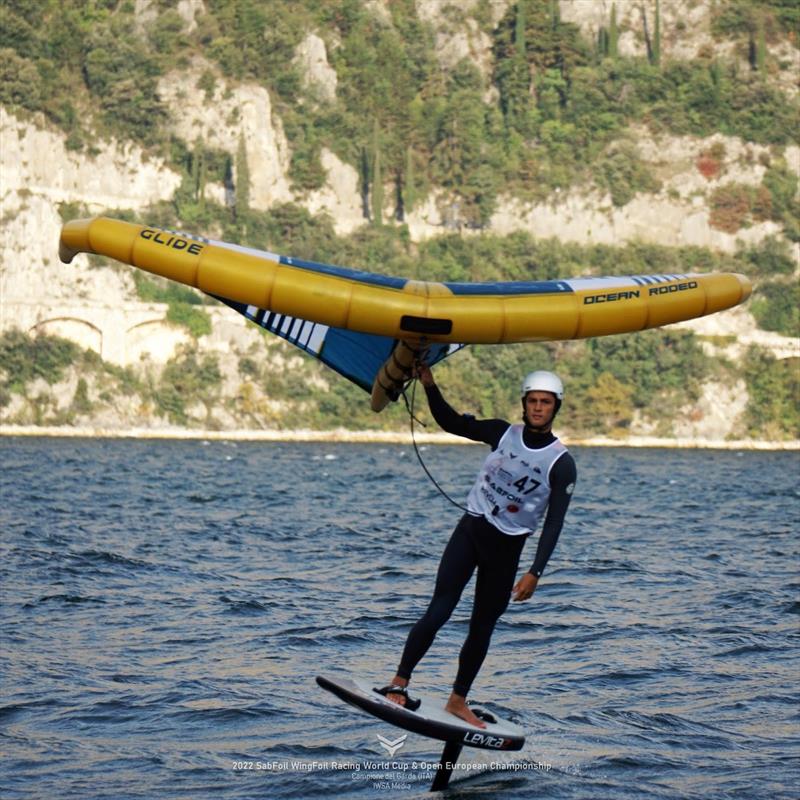 Mathis Ghio was looking good in the slalom, 3 wins from 4 races - SabFoil 2022 WingFoil Racing World Cup & Open Europeans, Day 2 photo copyright IWSA Media / Markus Schwendtner taken at Campione Univela and featuring the Wing Foil class