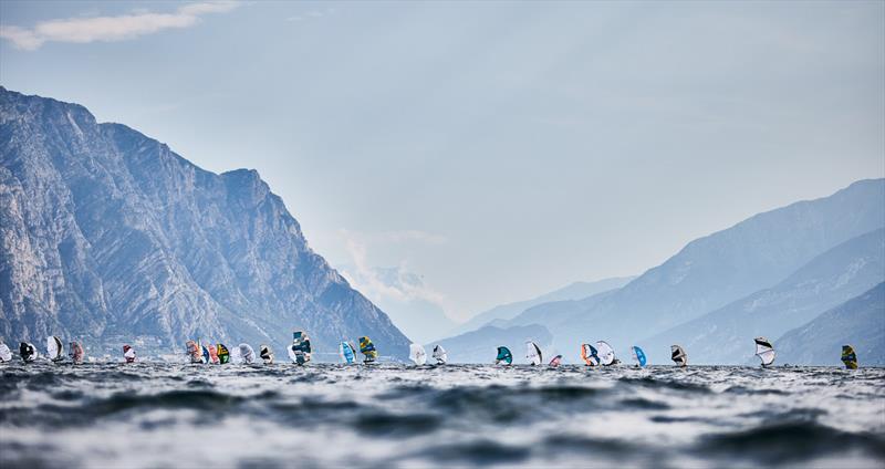 30 minutes of hard graft in the arm-aching long distance race - Pascucci WingFoil Racing World Cup Campione del Garda 2023 - Day 2 photo copyright IWSA media / Robert Hajduk taken at Campione Univela and featuring the Wing Foil class