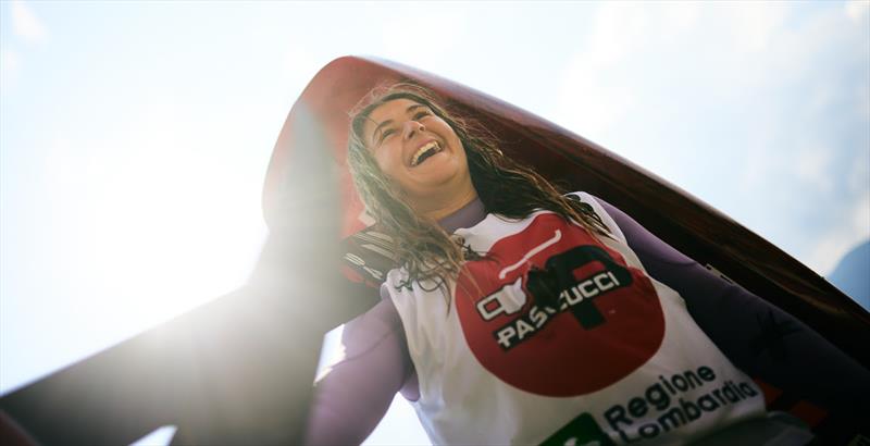 Maddalena Spanu enjoys that winning feeling - Pascucci WingFoil Racing World Cup Campione del Garda 2023 - Day 2 photo copyright IWSA media / Robert Hajduk taken at Campione Univela and featuring the Wing Foil class