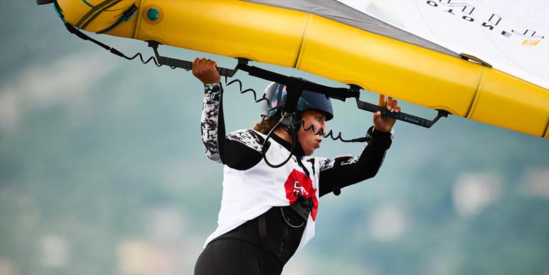 Nia Suardiaz leading the women before the wind shut down - 2023 Pascucci WingFoil Racing World Cup Campione del Garda, Day 3 photo copyright IWSA media / Robert Hajduk taken at Campione Univela and featuring the Wing Foil class