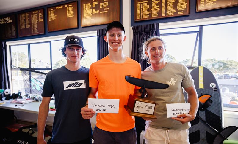 Gold Fleet prizewinners - from left Kosta Gladiadis (3rd), Sean Herbert (1st) and Jeremiah McDonald (2nd). PredictWind Wingfoil National Championships. Wakatere Boating Club. Day 3 - Saturday 9 March photo copyright Suellen Hurling taken at Wakatere Boating Club and featuring the Wing Foil class