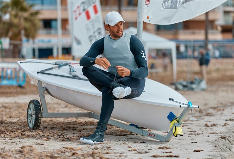 Philip Buhl, ILCA World Champion, preparing to use the Zhik Hiking X Boots, strap and hikers in competition - photo © Felix Diemer